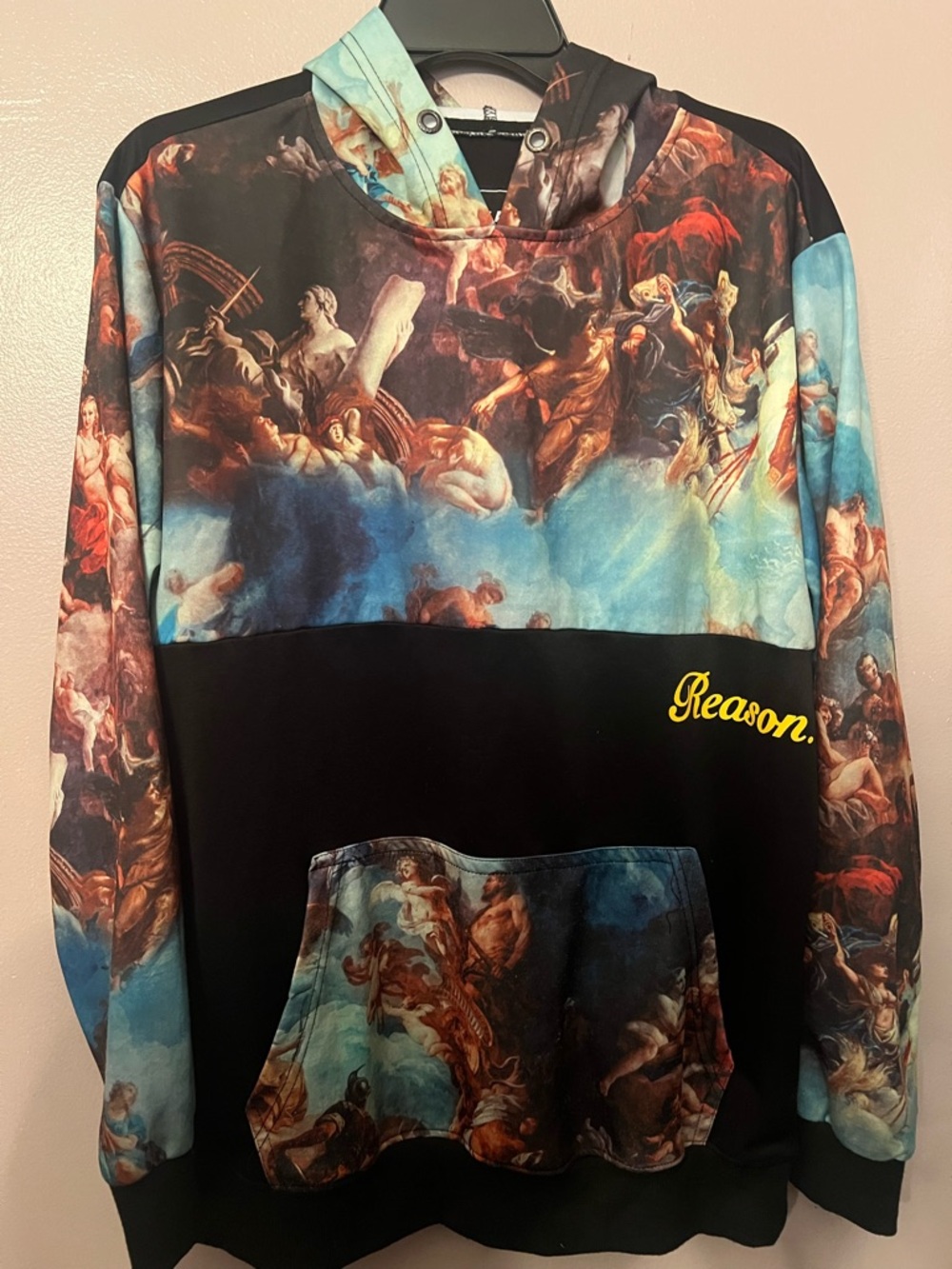 Reason Black Hoodie with Blue, Red and Gold Renaissance Print Like New Size L